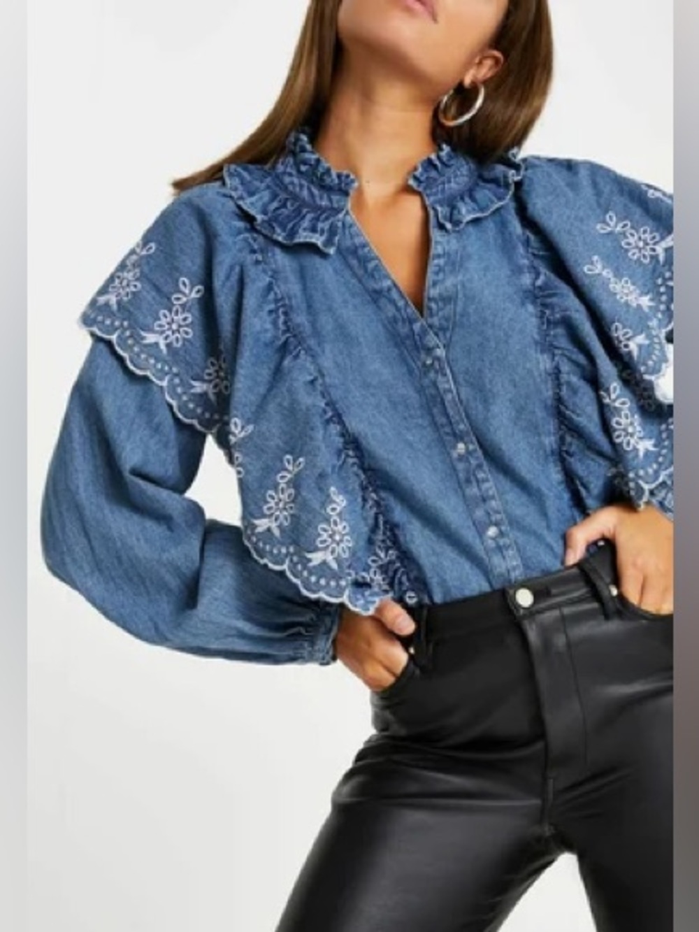 River Island Blue Denim Ruffle Embroidered Button-Down Shirt